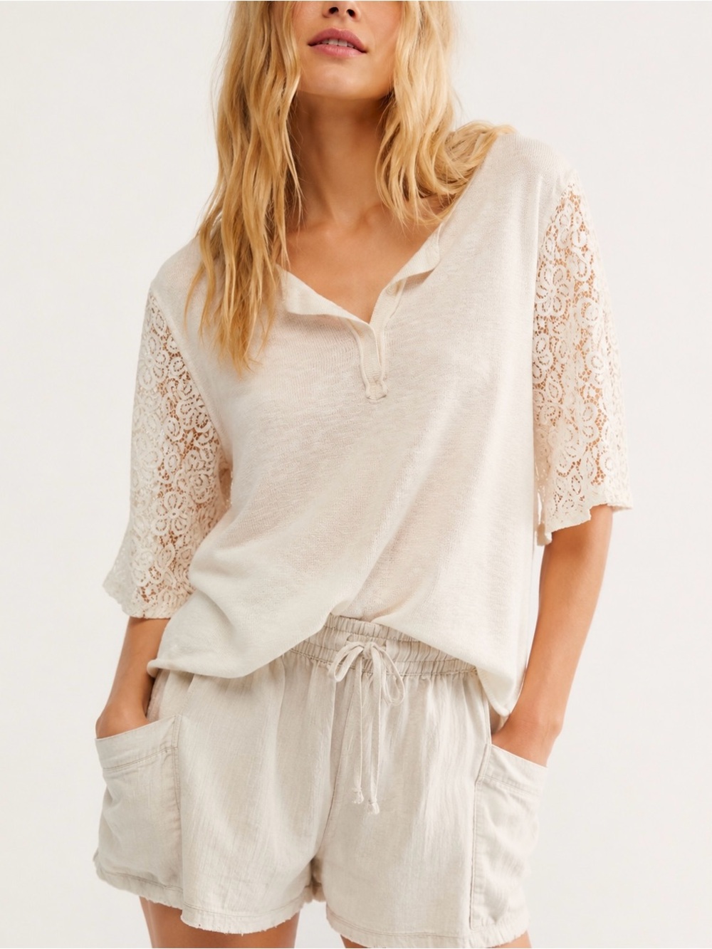 Free People Beach Ivory Lace Sleeve Knit Top L Boho Romantic Coastal Mixed Media